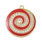 Brass Micro Pave Clear Cubic Zirconia Pendants, with Enamel, Spiral Round Charms, Cadmium Free & Lead Free, Rack Plating, Long-Lasting Plated, Real 18K Gold Plated, Red, 27x24x5mm, Hole: 1.6mm(CU-CBA4231-04B-G)