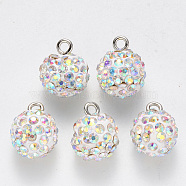 Polymer Clay Rhinestone Charms, with Platinum Plated Iron Loop, Round, Pave Disco Ball, Crystal AB, PP16(2.2~2.3mm), 15x12mm, Hole: 2mm(RB-N051-07K)