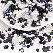 Elite DIY Jewelry Making Finding Kit, Including Resin Cabochons and Beads, Acrylic Beads, Flower & Butterfly & Ring & Half Round, Black and White, 4~30x4~41x2~9mm, Hole: 1.4~2.5mm(DIY-PH0013-34)