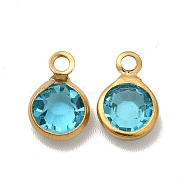 Ion Plating(IP) 304 Stainless Steel with Glass Charms, Real 18K Gold Plated, Faceted Flat Round, Cyan, 9.5x6.5x2mm, Hole: 1.5mm(STAS-G305-11G-08)
