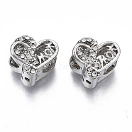 Rack Plating Alloy European Beads, Large Hole Beads, with Crystal Rhinestone, Cadmium Free & Nickel Free & Lead Free, Mother's Day, Heart with Word Mom, Platinum, 11x11.5x8.5mm, Hole: 4.5mm(MPDL-N039-099)