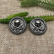 Alloy Buttons, with Screws, DIY Accessaries, Flat Round with Concho Pirate Skull, Antique Silver, 3cm(PURS-PW0010-02A)