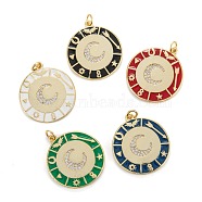 Brass Micro Pave Clear Cubic Zirconia Pendants, with Enamel and Jump Ring, Real 18K Gold Plated, Long-Lasting Plated, Flat Round with Moon, Mixed Color, 26.5x23.5x2mm, Hole: 3mm, Jump Ring: 5x0.8mm(KK-G399-04)