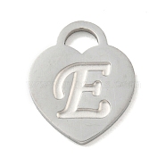 304 Stainless Steel Pendants, Laser Cut, Heart with Letter Charm, Stainless Steel Color, Letter E, 15x12x1mm, Hole: 3x3.5mm(FIND-M017-01P-E)