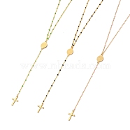 Lariat Necklaces, with Brass Enamel Cable Chain, 304 Stainless Steel Charms and Lobster Claw Clasps, Cross, Oval with Saint Benedict, Mixed Color, 16.34 inch(41.5cm)(NJEW-JN03139)