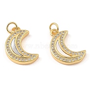 Brass Cubic Zirconia with Shell Pendants, Long-Lasting Plated, Lead Free & Cadmium Free, Moon, Real 18K Gold Plated, 19x12x3mm(KK-K342-25G)