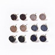 Electroplate Druzy Resin Stud Earrings, with Iron Pins and Light Gold Plated Iron Findings, Flat Round, Mixed Color, 10mm, Pin: 0.6mm(RESI-S383-029)