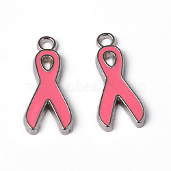 October Breast Cancer Pink Awareness Ribbon Alloy Enamel Pendants, Lead Free and Cadmium Free, Platinum Metal Color, 19x8x1mm, Hole: 2mm(EA546Y-2)