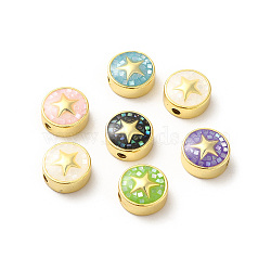 Rack Plating Brass Enamel Beads, with Shell Chips, Long-lasting Plated, Cadmium Free & Lead Free, Flat Round with Star, Golden, Mixed Color, 11x4.5mm, Hole: 1.8mm(ENAM-D044-03G)