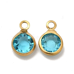 Ion Plating(IP) 304 Stainless Steel with Glass Charms, Real 18K Gold Plated, Faceted Flat Round, Cyan, 9.5x6.5x2mm, Hole: 1.5mm(STAS-G305-11G-08)