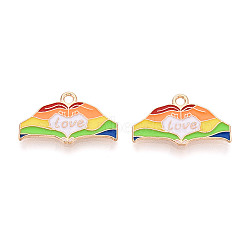Rainbow Color Pride Alloy Enamel Pendants, Double Hand with Heart Word Love Charms, Light Gold, Colorful, 13.5x22.5x1.5mm, Hole: 2mm(ENAM-K067-17)