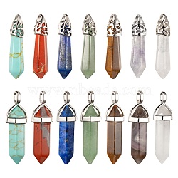 14Pcs 14 Style Chakra Natural & Synthetic Gemstone Pointed Pendants, with Platinum Tone Brass/Alloy Findings, Bullet, 33~45x8~12mm, hole: 3x2mm, 1pc/style(G-LS0001-76)