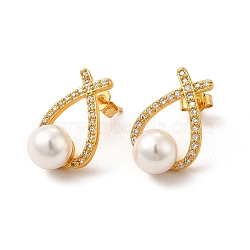 Rack Plating Brass Micro Pave Cubic Zirconia Stud Earrings, Shell Pearl Teardrop Earring for Women, Long-Lasting Plated, Cadmium Free & Lead Free, Real 18K Gold Plated, 20x13mm, Pin: 0.8mm(EJEW-P221-17G)