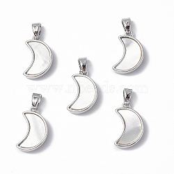 Brass Charms, with Freshwater Shell, Nickel Free, Crescent Moon Charm, Platinum, 15.5x10x3mm, Hole: 4.5x2.5mm(KK-R134-038P)