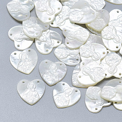 Natural White Shell Mother of Pearl Shell Pendants, Heart with Carved Virgin and Child, Seashell Color, 15x15x2mm, Hole: 0.8mm(SSHEL-S264-007)