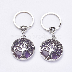 Natural Amethyst Keychain, with Brass Finding, Flat Round with Tree of Life, 64mm(KEYC-G043-C01)
