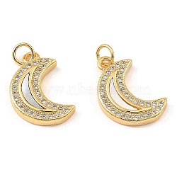 Brass Cubic Zirconia with Shell Pendants, Long-Lasting Plated, Lead Free & Cadmium Free, Moon, Real 18K Gold Plated, 19x12x3mm(KK-K342-25G)