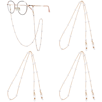 3Pcs Iron Curb Chain with Plastic Pearl Heart Bead Eyeglasses Chains, with Rubber Loop Ends, Golden, 770mm
