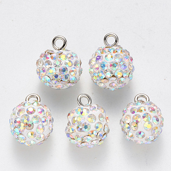 Polymer Clay Rhinestone Charms, with Platinum Plated Iron Loop, Round, Pave Disco Ball, Crystal AB, PP16(2.2~2.3mm), 15x12mm, Hole: 2mm