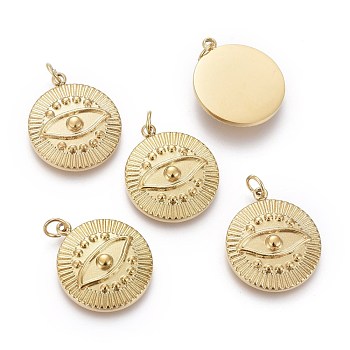 Ion Plating(IP) 316 Surgical Stainless Steel Pendants, with Jump Rings, Flat Round with Eye, Golden, 17.5x15x3mm, Hole: 3mm