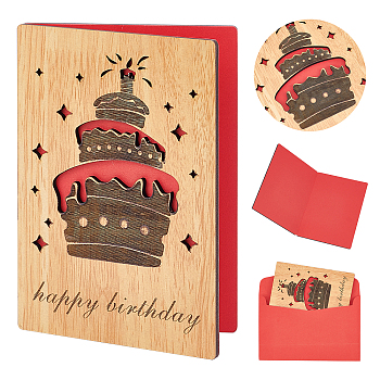 Rectangle with Pattern Wooden Greeting Cards, with Red Paper InsidePage, with Rectangle Blank Paper Envelopes, Cake Pattern, Wooden Greeting Card: 1pc, Envelopes: 1pc