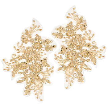 1 Pair 3D Flower Polyester Embroidery Sew on Appliques, with Plastic Beads & Paillette/Sequins, Sewing Craft Decoration for Wedding Dress, Cheongsam, Gold, 255x160x0.1~2.5mm