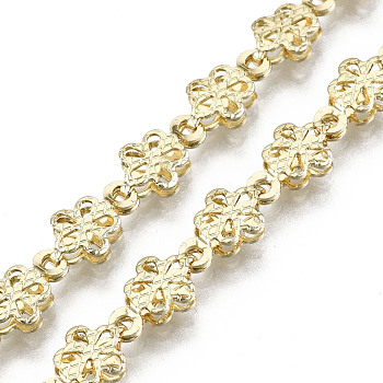 Brass Flower Link Chains, Long-Lasting Plated, Textured, Unwelded, Light Gold, 9x6x2mm