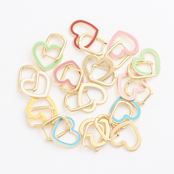 Golden Plated Brass Huggie Hoop Earrings, with Enamel, Heart, Mixed Color, 27.5mm, Pin: 1mm