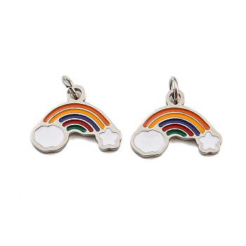 304 Stainless Steel Charms, with Enamel and Jump Ring, Rainbow Charm, Stainless Steel Color, 9.5x13x1mm, Hole: 2.5mm