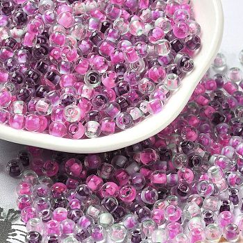 Transparent Glass Round Seed Beads, Inside Colours, Round, Magenta, 6/0, 4x3mm, Hole: 1.2mm, about 7258pcs/pound