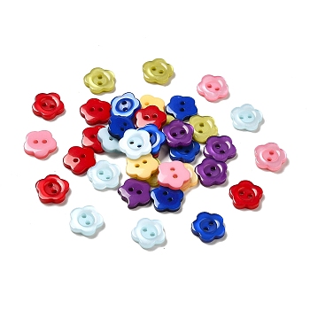 Resin Buttons, Dyed, Flower, Mixed Color, 12x2.5mm, Hole: 1mm