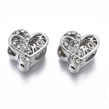 Rack Plating Alloy European Beads, Large Hole Beads, with Crystal Rhinestone, Cadmium Free & Nickel Free & Lead Free, Mother's Day, Heart with Word Mom, Platinum, 11x11.5x8.5mm, Hole: 4.5mm