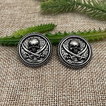 Alloy Buttons, with Screws, DIY Accessaries, Flat Round with Concho Pirate Skull, Antique Silver, 3cm