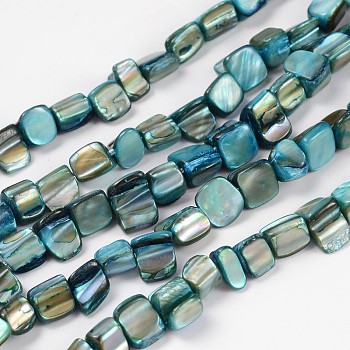 Shell Beads Strands, Dyed, Cyan, about 8~17.5mm long, 5~8mm wide, 5mm thick, hole: 1mm, 16 inch/strand, 40pcs/strand