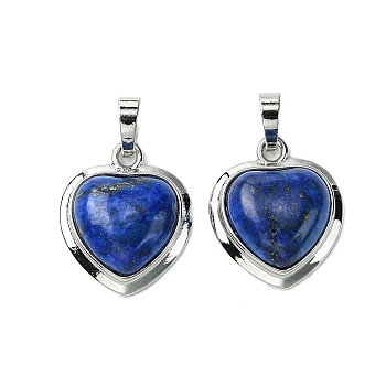 Natural Lapis Lazuli Pendants, Heart Charms with Rack Plating Platinum Plated Brass Findings, Cadmium Free & Lead Free, Cadmium Free & Lead Free, 23x19.5x8~9mm, Hole: 7x5mm