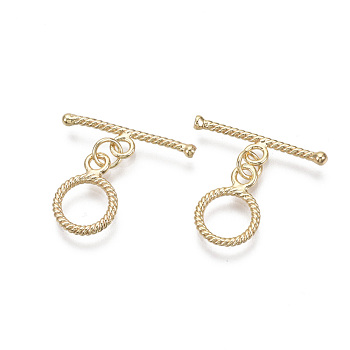 Brass Toggle Clasps, with Jump Rings, Nickel Free, Ring, Real 18K Gold Plated, Total Length: 19mm, Bar: 19.5x5x2mm, Hole: 1.2mm, Ring: 13x9x1mm, Hole: 1.2mm