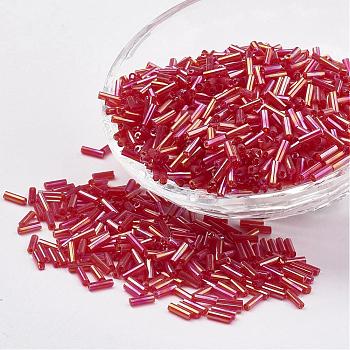 Glass Bugle Beads, Transparent Colours Rainbow, Red, 6x2mm, Hole: 0.5mm, about 10000pcs/bag