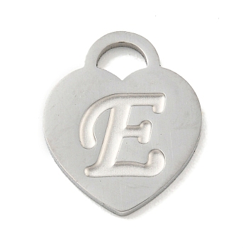 304 Stainless Steel Pendants, Laser Cut, Heart with Letter Charm, Stainless Steel Color, Letter E, 15x12x1mm, Hole: 3x3.5mm