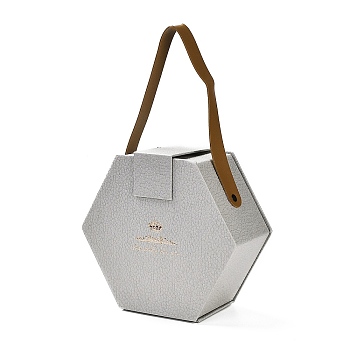 Valentine's Day Hexagon Cardboard Gift Boxes, with PU Imitation Leather Handles, Light Grey, 28.5cm, Bag: 16.5x18.5x8cm