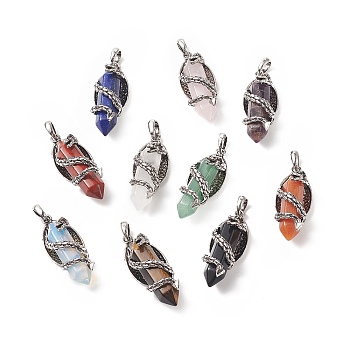 Natural & Synthetic Mixed Gemstone Pointed Pendants, Faceted Bullet Charms with Antique Silver Tone Alloy Dragon Wrapped, 47.5x19x18.5mm, Hole: 7.5x6mm