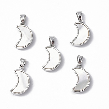 Brass Charms, with Freshwater Shell, Nickel Free, Crescent Moon Charm, Platinum, 15.5x10x3mm, Hole: 4.5x2.5mm