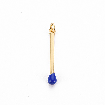 Brass Enamel Pendants, with Jump Ring, Cadmium Free & Nickel Free & Lead Free, Match, Real 16K Gold Plated, Blue, 30x4.5mm, Jump Ring: 5x1mm, 3mm inner diameter