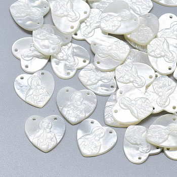 Natural White Shell Mother of Pearl Shell Pendants, Heart with Carved Virgin and Child, Seashell Color, 15x15x2mm, Hole: 0.8mm