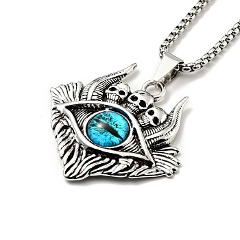 Alloy Skull with Plastic Dragon Eye Pendant Necklace, Gothic Jewelry for Men Women, Blue, 23.23 inch(59cm)
