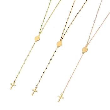 Lariat Necklaces, with Brass Enamel Cable Chain, 304 Stainless Steel Charms and Lobster Claw Clasps, Cross, Oval with Saint Benedict, Mixed Color, 16.34 inch(41.5cm)