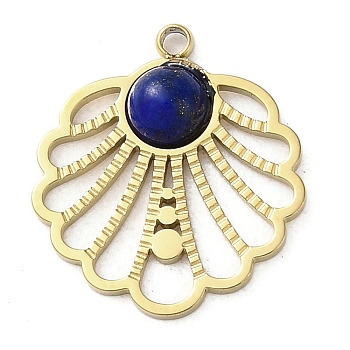 Vacuum Plating 316 Stainless Steel Pendants, with Natural Lapis Lazuli, Flower, Real 18K Gold Plated, 15.5x13.5x3mm, Hole: 1.2mm