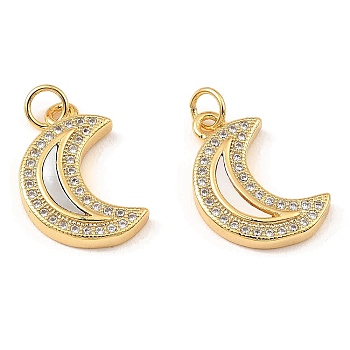 Brass Cubic Zirconia with Shell Pendants, Long-Lasting Plated, Lead Free & Cadmium Free, Moon, Real 18K Gold Plated, 19x12x3mm