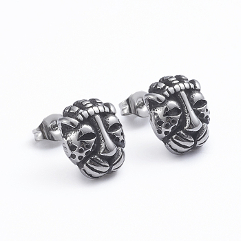 Retro 304 Stainless Steel Stud Earrings, with Ear Nuts, Leopard, Antique Silver, 12x10.5mm, Pin: 0.6mm
