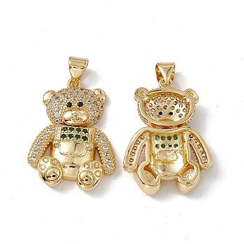 Brass Micro Pave Cubic Zirconia Pendants, Bear Charm, Real 18K Gold Plated, Green & Clear, 24.5x18x4.5mm, Hole: 4x3mm