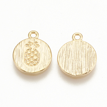 Brass Charms, Flat Round with Pineapple, Nickel Free, Real 18K Gold Plated, 11.5x9x1mm, Hole: 1mm
